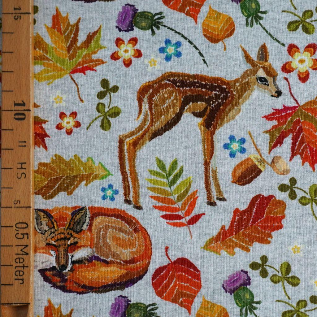 French Terry Herbstwald Stickstyle hellgrau orange braun – F